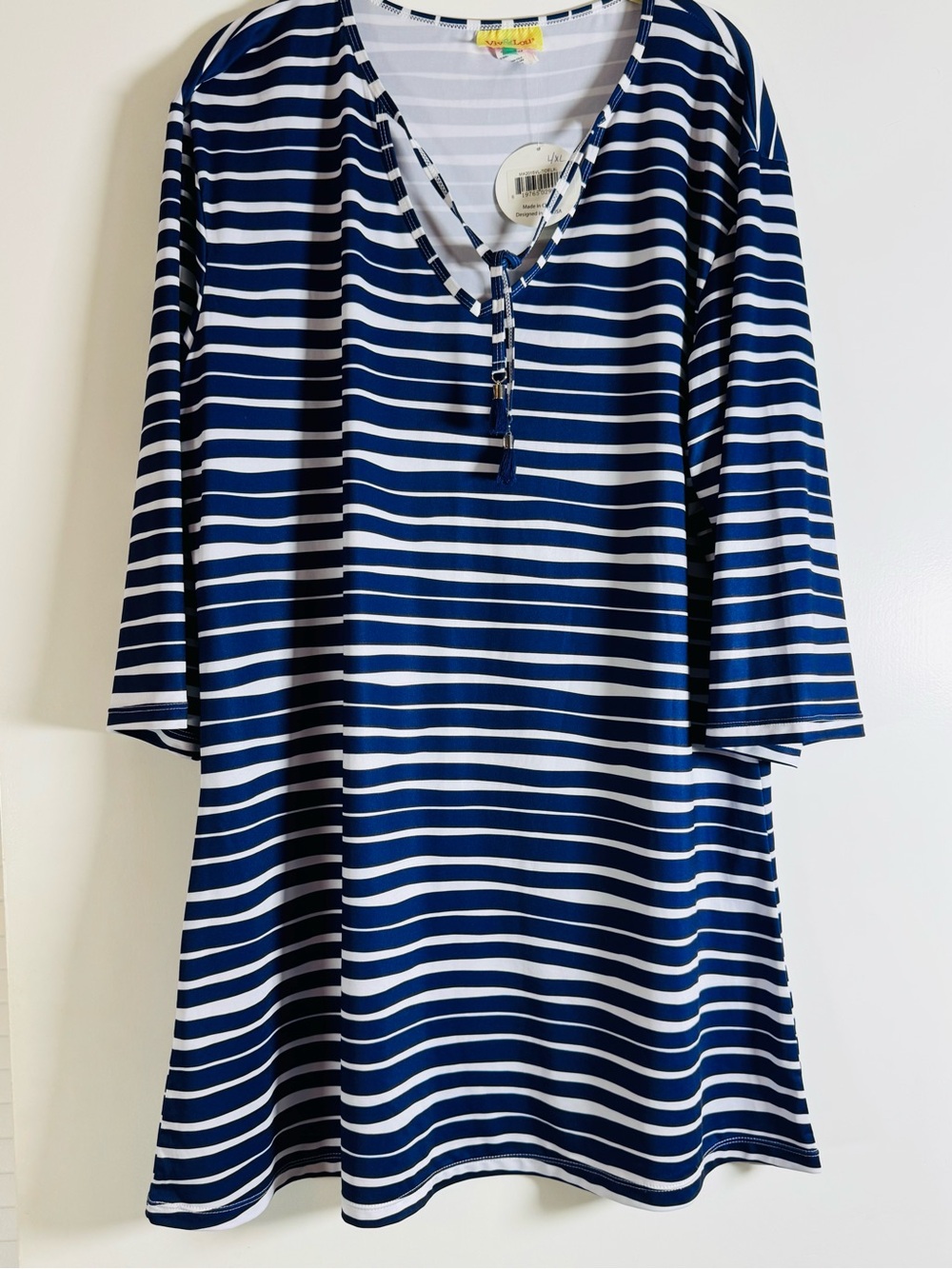 Striped Navy & White 3/4 Sleeve V-Neck Polyester and Spandex Dress Size L/XL